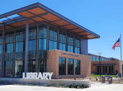 Modern library with glass windows, stone and wood design, "LIBRARY" sign, American flag, in a bright, sunny setting.