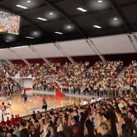 A vibrant basketball stadium filled with fans watching an exciting game, illuminated by bright lights and a scoreboard overhead.