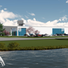Modern commercial complex by water with a fountain, sleek design, greenery, and a bright sky, evoking tranquility and progress.