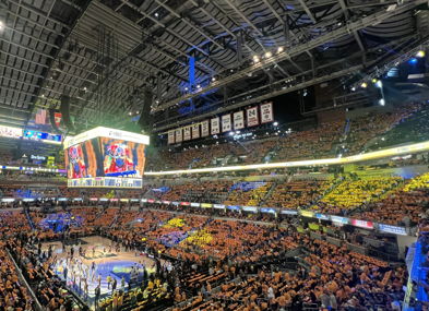 Vibrant sports arena filled with cheering fans in team colors, capturing the electrifying atmosphere of a live event.