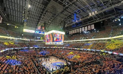 Vibrant sports arena filled with cheering fans in team colors, capturing the electrifying atmosphere of a live event.