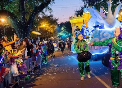 Festive parade scene with colorful floats, vibrant costumes, and excited crowds enjoying a joyful celebration.