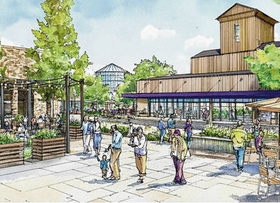 Vibrant outdoor plaza with diverse architecture, lush greenery, seating areas, and people enjoying a lively, inviting atmosphere.