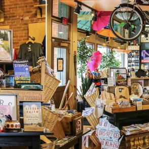 Charming store filled with goods, a whimsical hanging bicycle, and "GREETINGS FOLKS!" sign, evoking warmth and nostalgia.
