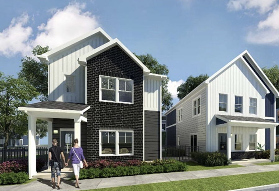 Modern homes with distinct styles, landscaped yards, and a couple walking hand-in-hand evoke warmth and community.