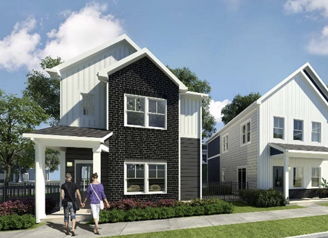 Modern homes with distinct styles, landscaped yards, and a couple walking hand-in-hand evoke warmth and community.