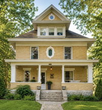 Charming yellow house with large windows, gable roof, surrounded by lush greenery, evokes comfort and nostalgia.