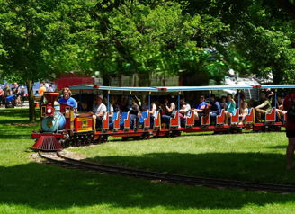 Colorful miniature train rides through a lush park, with happy people and a joyful conductor, creating a festive atmosphere.