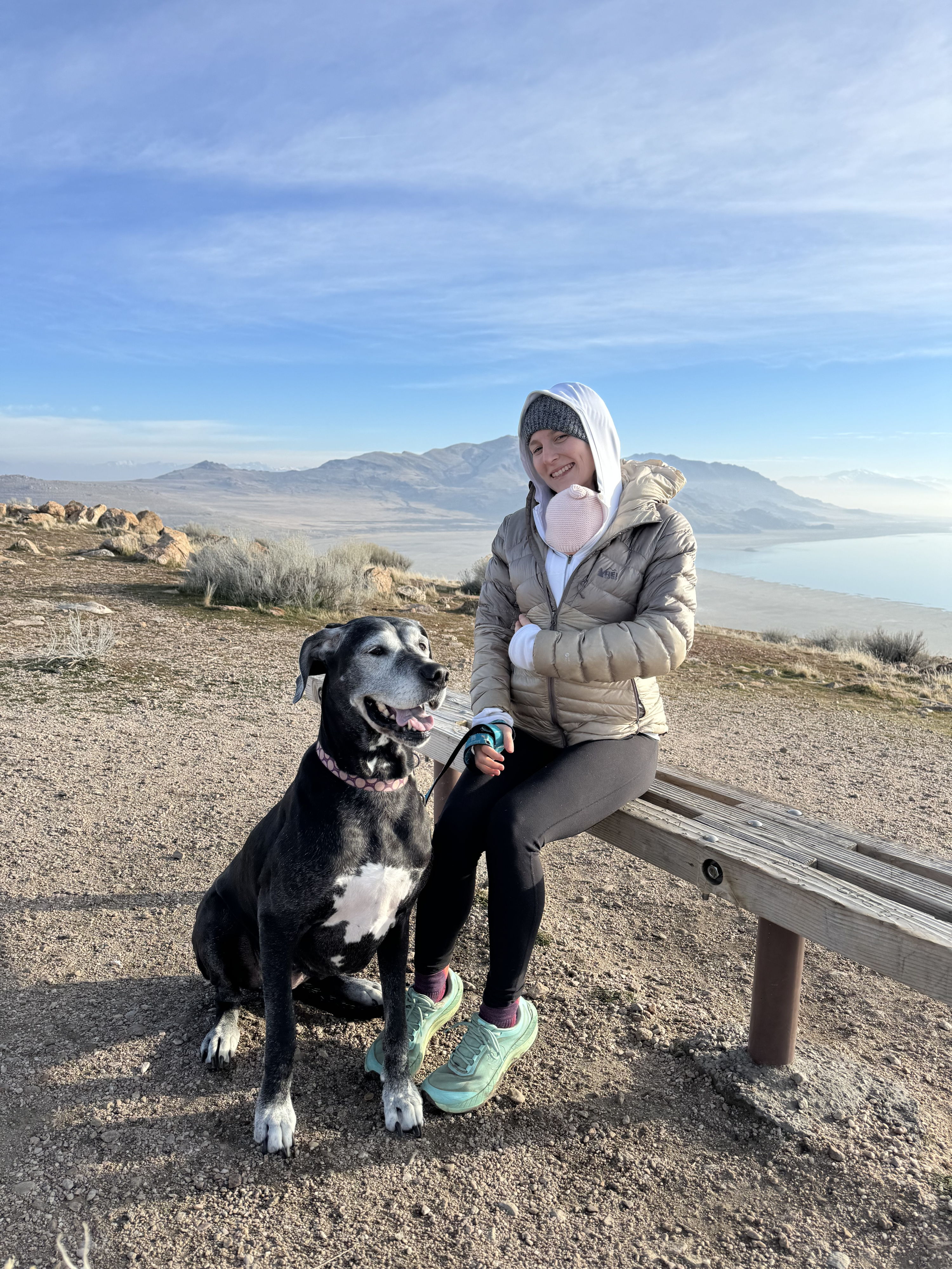 A person in a puffer jacket sits with a happy dog on rocks, enjoying a peaceful outdoor landscape by water or hills.