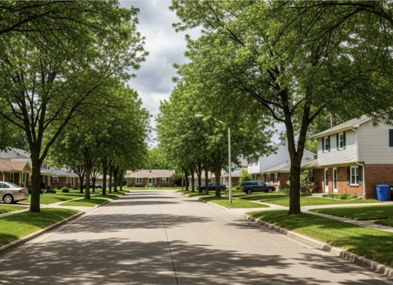 A peaceful suburban neighborhood with manicured homes, lush trees, and a calm sky, evoking tranquility and community.