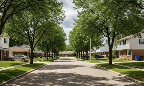 A peaceful suburban neighborhood with manicured homes, lush trees, and a calm sky, evoking tranquility and community.