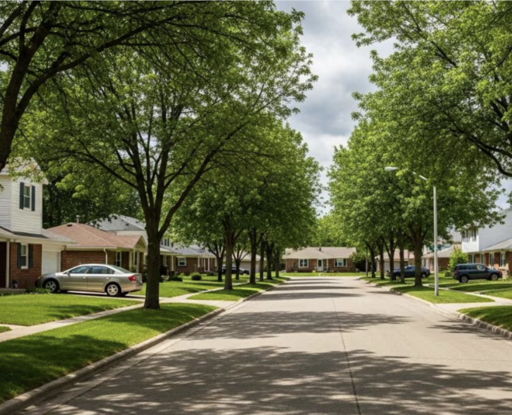 A peaceful suburban neighborhood with manicured homes, lush trees, and a calm sky, evoking tranquility and community.