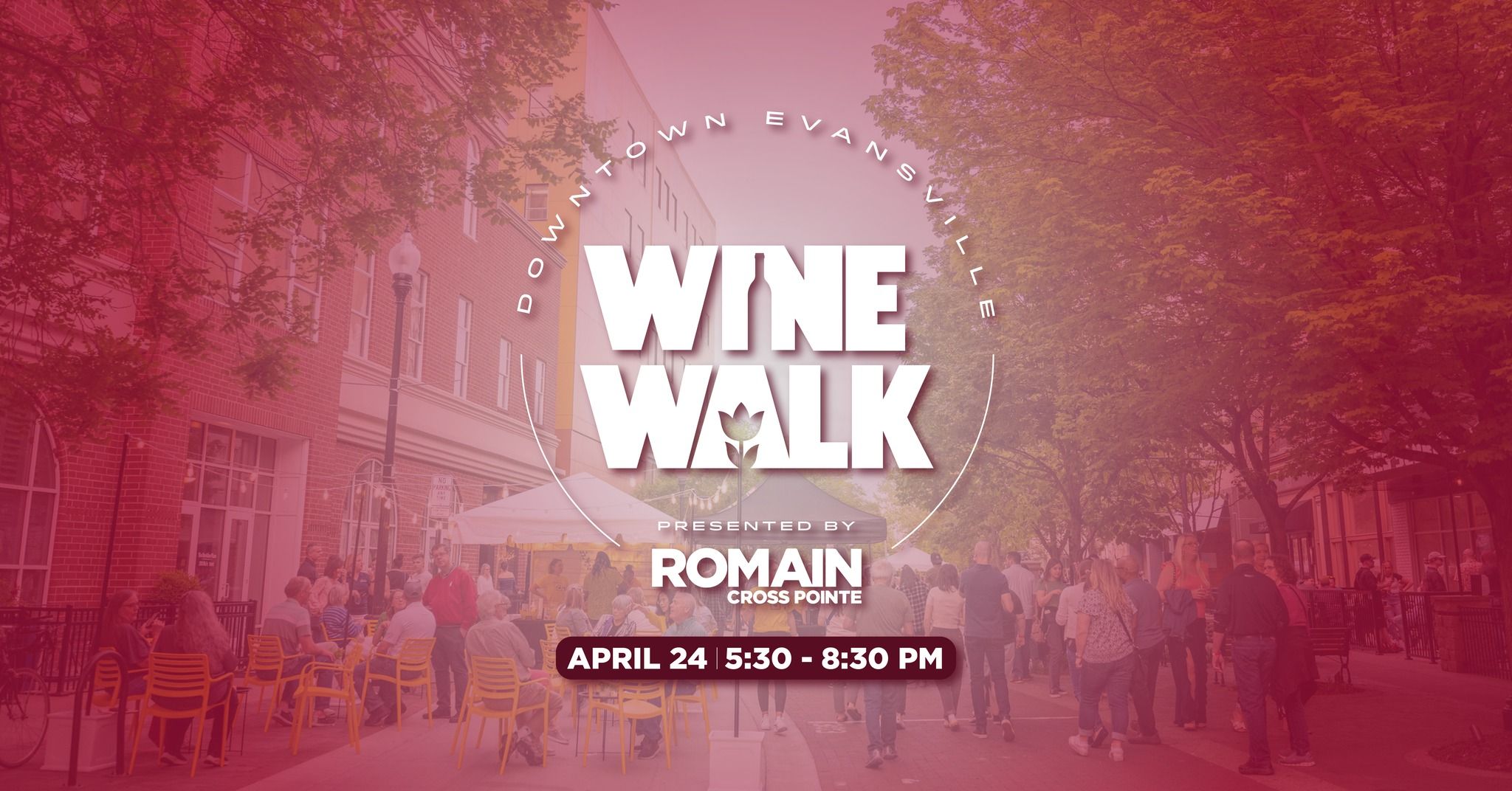 Promotional graphic for a Wine Walk event, showcasing a vibrant urban scene, inviting socialization and wine tasting.