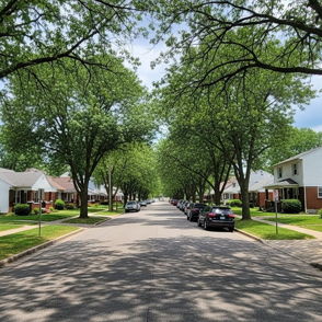 Serene residential street with symmetrical houses, lush lawns, tall trees, evoking calmness and a peaceful suburban atmosphere.