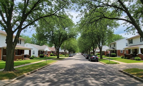 Serene residential street with symmetrical houses, lush lawns, tall trees, evoking calmness and a peaceful suburban atmosphere.