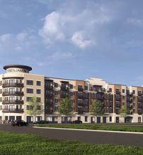 Modern apartment building with light and dark facades, balconies, lush surroundings, and a tranquil, inviting atmosphere.