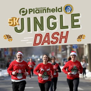 A lively holiday-themed 5K run, "Jingle Dash," features joyful participants in festive attire against a snowy backdrop.