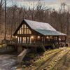 Cozy cabin in woods, a-frame design with glowing windows, warm atmosphere, and serene nature setting evoke tranquility.