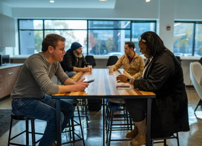 A modern cafe scene with five people at a table; some are focused on devices, others engage in conversation.