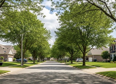 A peaceful suburban street with lush trees, diverse homes, and manicured lawns evokes tranquility and a sense of community.