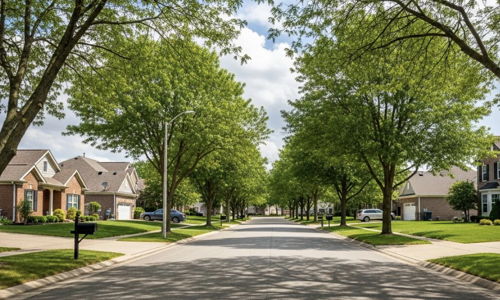 A peaceful suburban street with lush trees, diverse homes, and manicured lawns evokes tranquility and a sense of community.