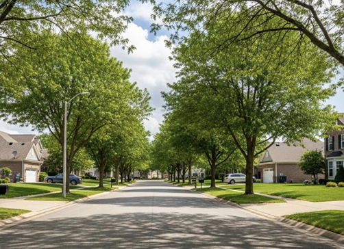 A peaceful suburban street with lush trees, diverse homes, and manicured lawns evokes tranquility and a sense of community.
