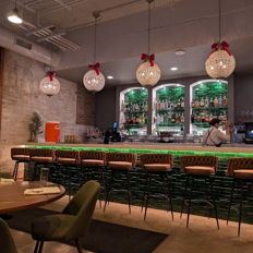 Modern bar with sleek design, warm lighting, inviting seating, and festive touches, creating a cozy social atmosphere.