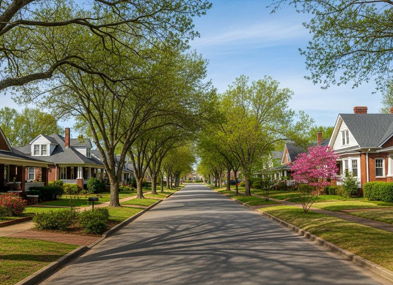 A serene suburban street with charming homes, lush trees, and blooming gardens, evoking tranquility and community warmth.
