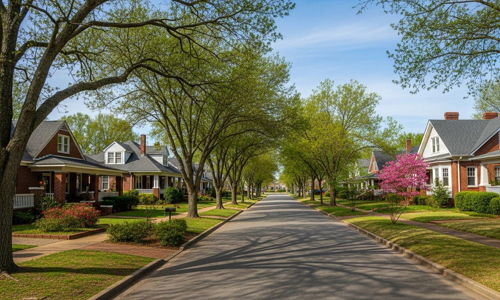 A serene suburban street with charming homes, lush trees, and blooming gardens, evoking tranquility and community warmth.
