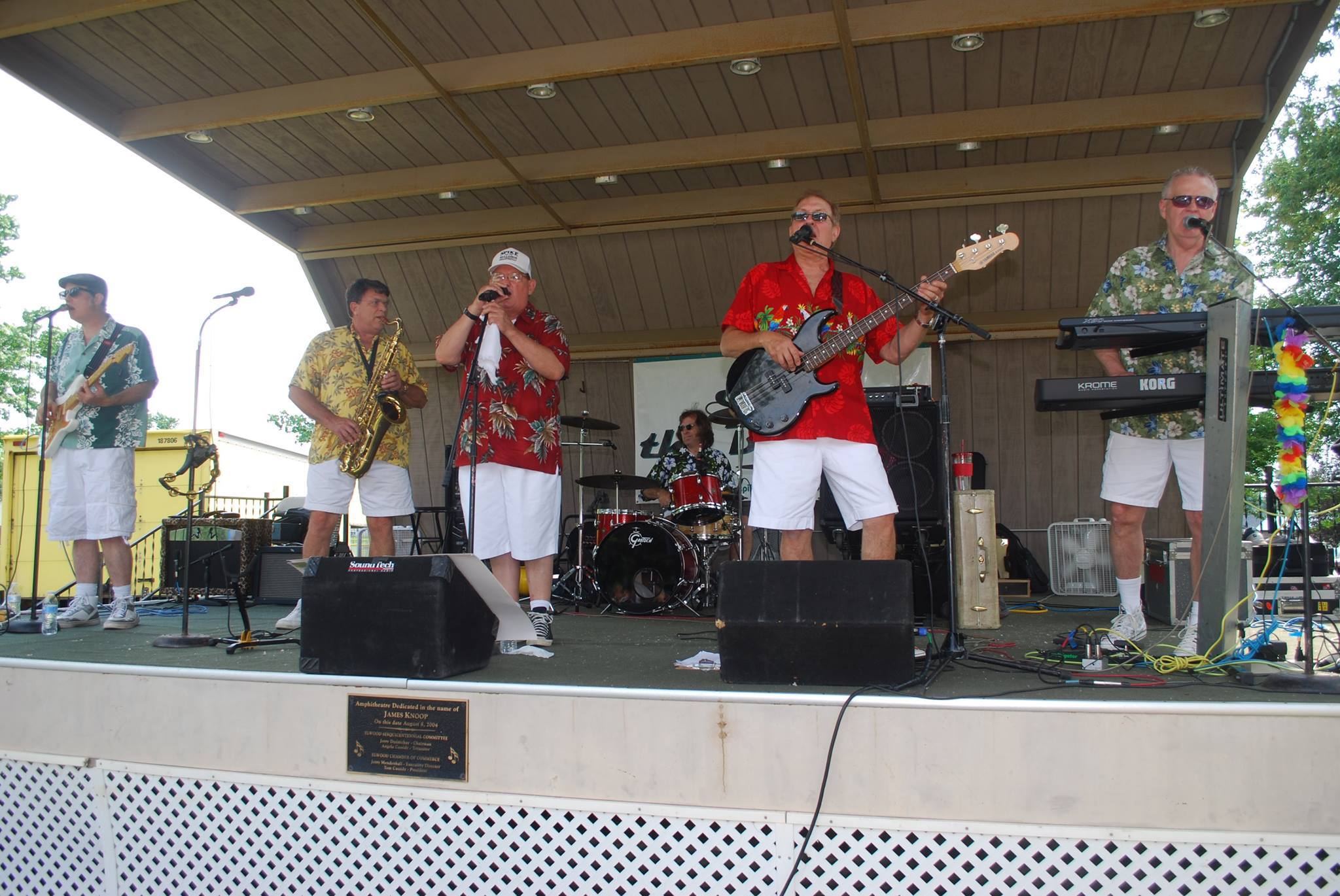 Band in colorful shirts performing on stage, creating a lively, festive atmosphere with instruments and energetic poses.