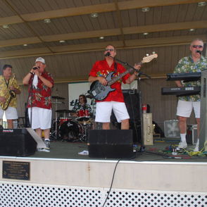 Band in colorful shirts performing on stage, creating a lively, festive atmosphere with instruments and energetic poses.