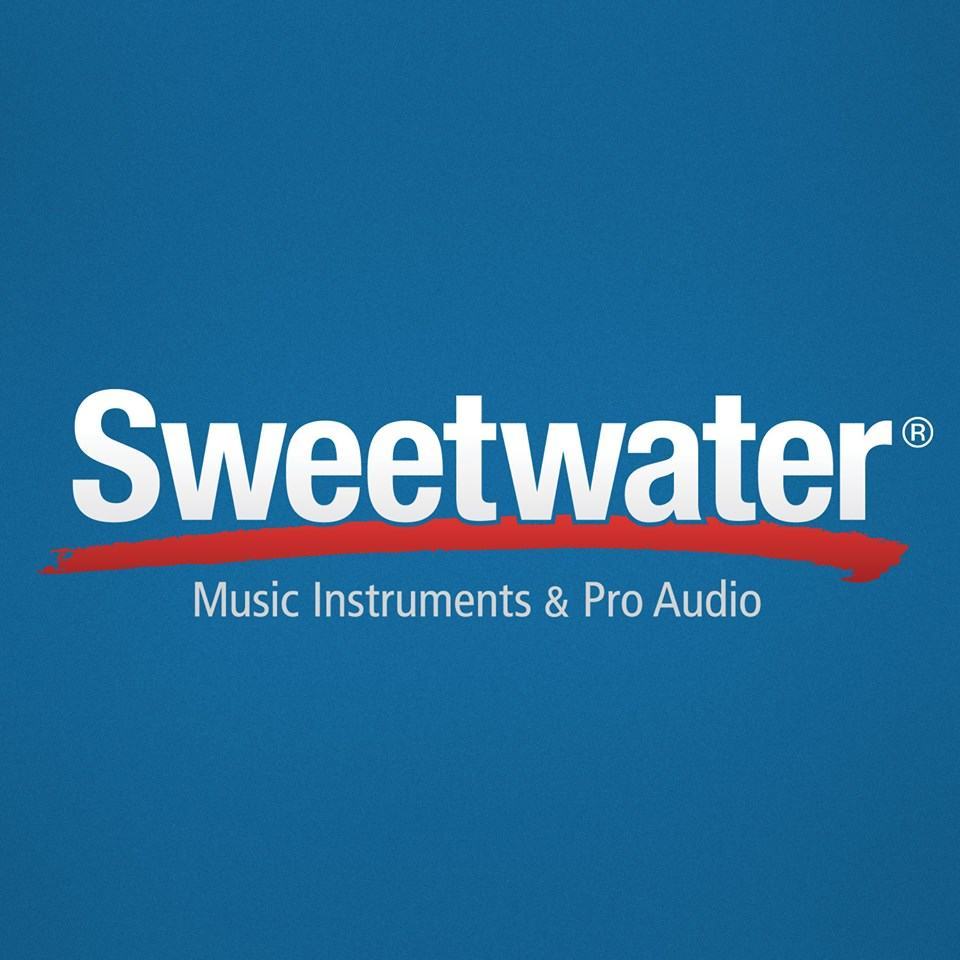 "Sweetwater" in bold white on a blue background, with "Music Instruments & Pro Audio" below, evokes creativity and trust.