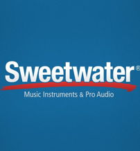 "Sweetwater" in bold white on a blue background, with "Music Instruments & Pro Audio" below, evokes creativity and trust.