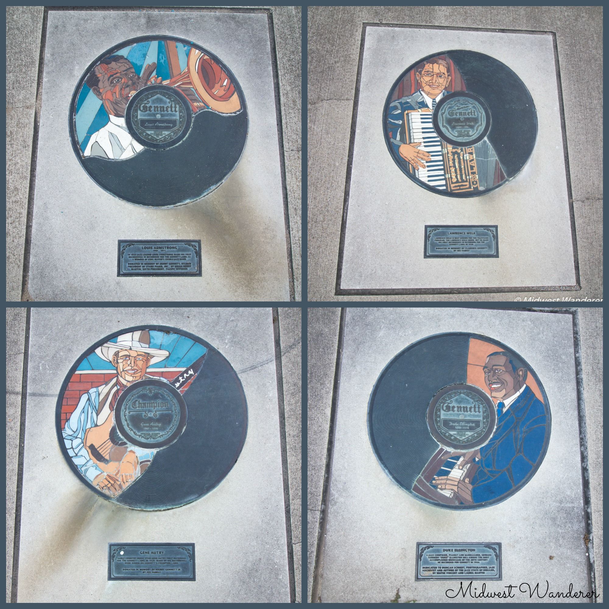 Vibrant four-panel display of musicians with records, evoking joy, nostalgia, community, and inspiration in music.