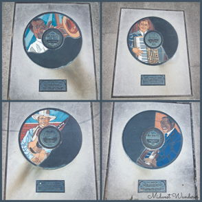 Vibrant four-panel display of musicians with records, evoking joy, nostalgia, community, and inspiration in music.