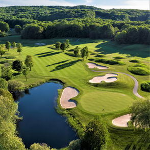 Lush golf course with rolling hills, fairways, bunkers, and a tranquil pond, evoking peace and relaxation in nature.