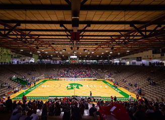 A vibrant indoor sports arena with a basketball court, featuring colorful markings and a mix of excited fans and empty seats.