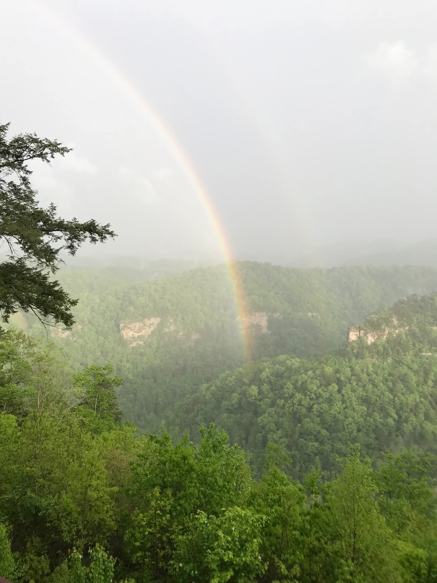 Lush green hills under a gray sky with a vibrant rainbow, evoking tranquility and hope after recent rain.