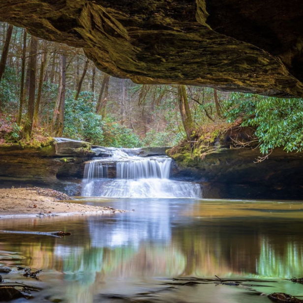 Serene landscape with a waterfall cascading into a calm pool, surrounded by lush greenery, evoking tranquility and connection to nature.