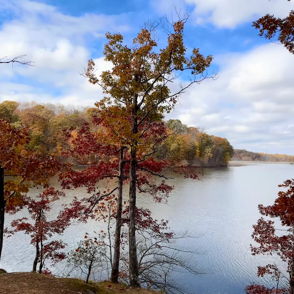 Serene autumn landscape with a calm lake, vibrant orange, red, and yellow trees, and a partly cloudy sky.