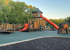 Brightly colored playground with a large slide, climbing areas, surrounded by trees, evokes joy and adventure for children.