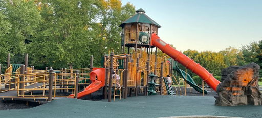 Brightly colored playground with a large slide, climbing areas, surrounded by trees, evokes joy and adventure for children.