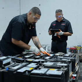 Four workers in black uniforms collaborate in a warehouse, inspecting large batteries with focus and professionalism.