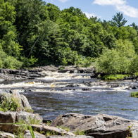 A tranquil river flows over rocks, surrounded by lush greenery and under a blue sky, evoking peace and relaxation.