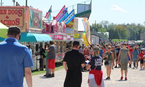 Vibrant fair scene with food stalls, smiling people, and colorful banners on a sunny day, evoking joy and community.