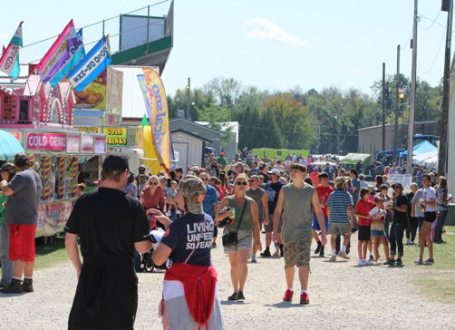 Vibrant fair scene with food stalls, smiling people, and colorful banners on a sunny day, evoking joy and community.