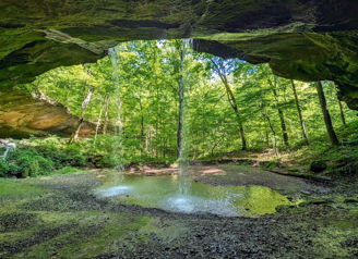 A serene cave opening reveals a lush forest and waterfall, evoking tranquility and connection to nature in a vibrant ecosystem.