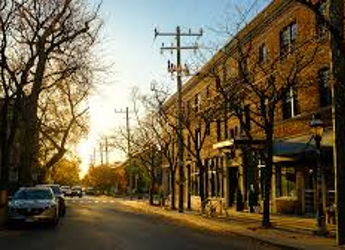 Quiet street at sunset with bare trees, warm light, brick buildings, and parked cars, evoking tranquility and nostalgia.