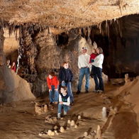 Group explores a cavernous space with impressive rock formations, evoking wonder and adventure in a vibrant, mysterious setting.