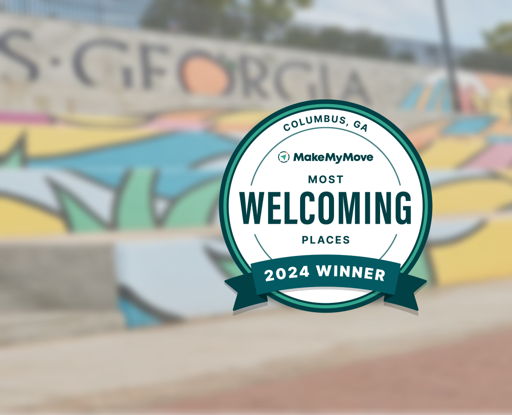 A vibrant mural with a "Most Welcoming Places" badge, celebrating hospitality and evoking a warm, inviting atmosphere.